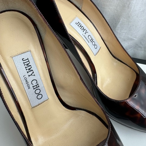 Jimmy Choo Tortoiseshell Patent Leather Peep Toe Heels - Picture 2 of 8